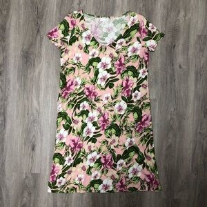J Jill T Shirt Dress Size Small Petite V Neck Hawaiian Flower Print Dress